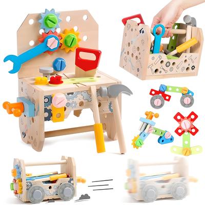 HIWO Montessori Holzbaustein-Spielzeugset für Jungen und Enthält und 6 Bau-Zimmermann-Spielzeug Sehr lehrreich Groß für oder als Geschenk 4-in-1 Mädchen, 3,