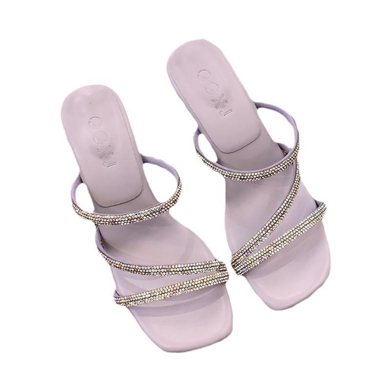 The bright star sea under the night sky with cool slippers, women wear rhinestone sandals in summer, square toe high-heeled slippers