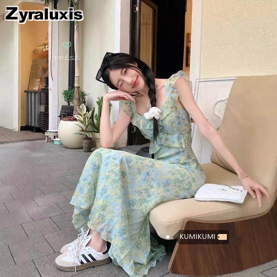 Layered Floral V-Neck Ruffled Edge Slim Fit One Piece Dress