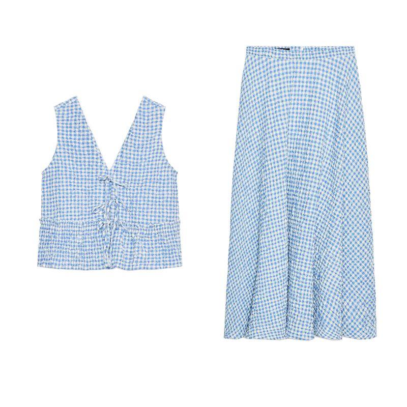Bows Series Elegance Sleeveless V Neck Tops 8741094 Small Plaid Midi Skirt Cape Skirt 8741804