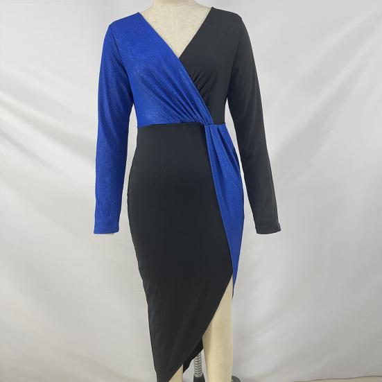 V-Ausschnitt Hüftumspielendes Langarmkleid mit Schlitzsaum Elegant Damen Elegant Glitzer Pailletten Glänzend Patchwork Langes Kleid Partykleidung