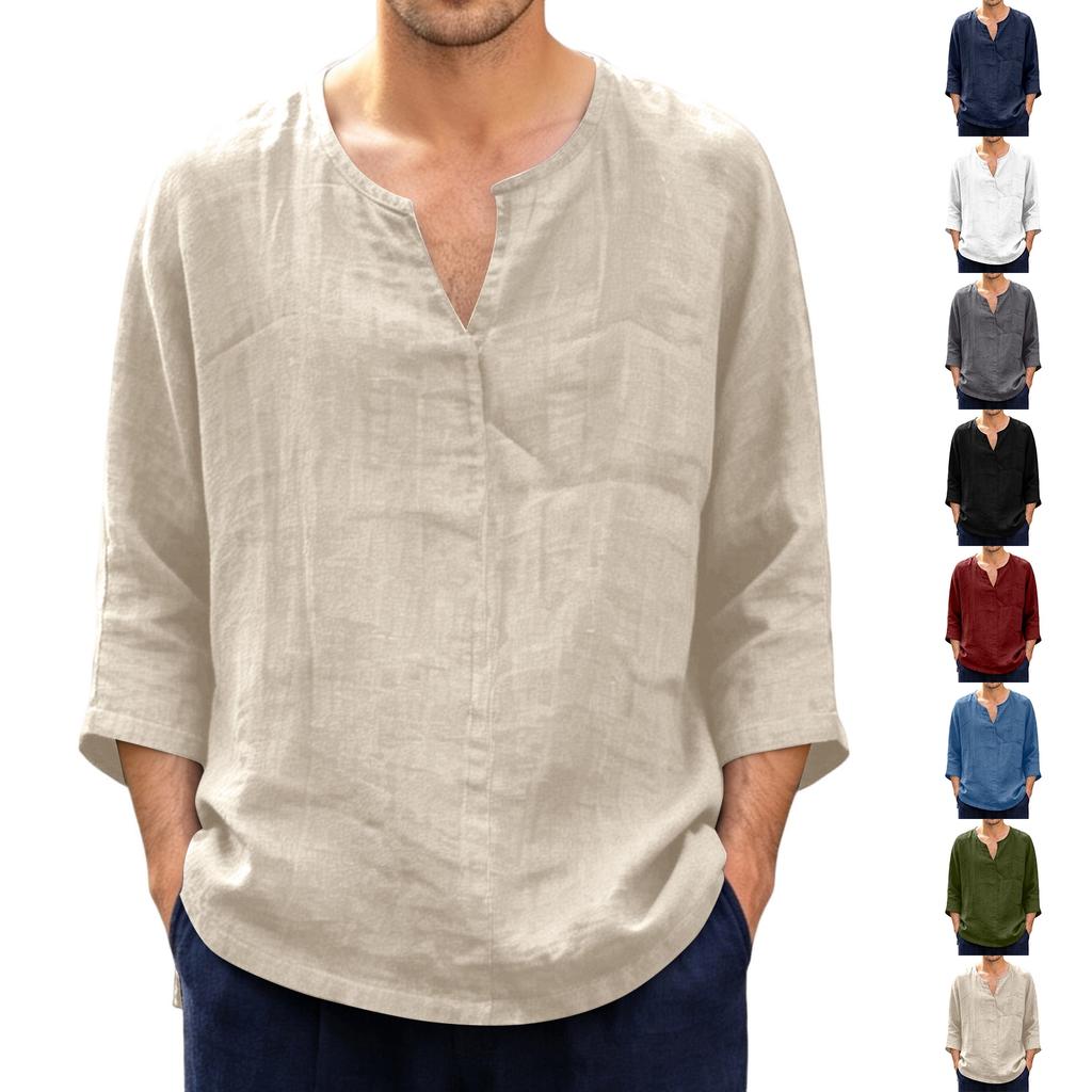 Men's Casual Linen Cotton Blend Three Quarter Sleeve Shirt Loose Fit Lightweight Breathable Summer Top