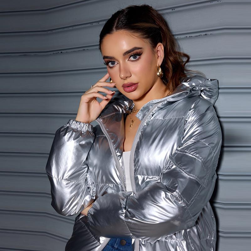 Winter Trendy Shiny Hooded Down Coat Women Long Sleeve Solid Color Slim Fit Cotton Warm Parkas Jacket