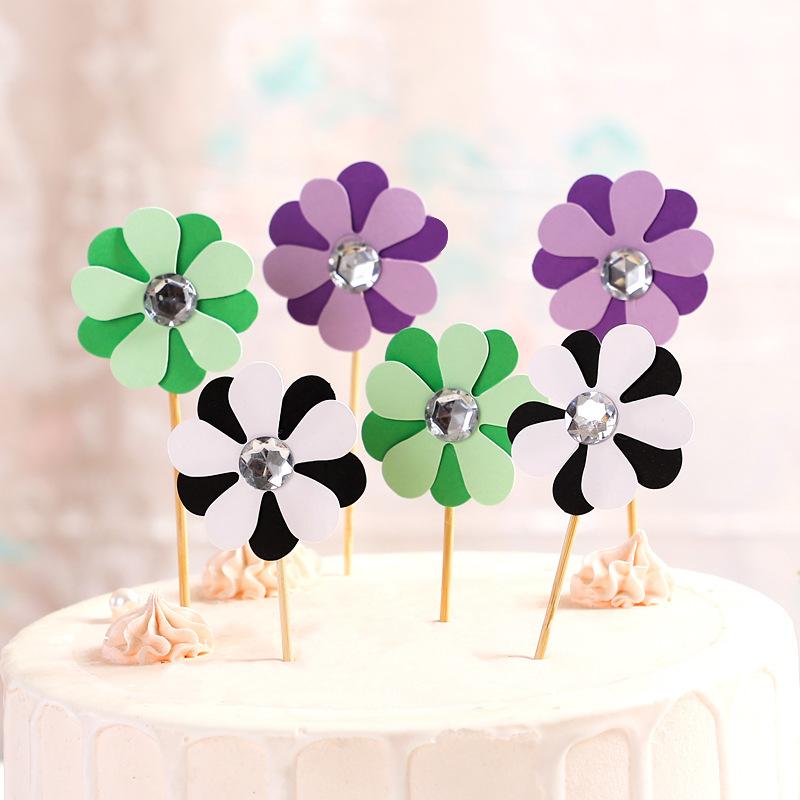 6er-Pack, Mit Diamanten besetzte Blumenkarte, Blumenthema, Geburtstagstortendekoration, Dessertdekorationsfähnchen, Sonnenblumenblattkarte, Einstecker