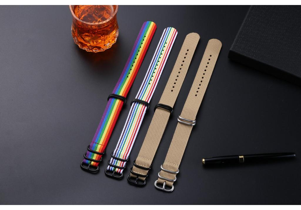 One-Piece Five-Ring Nylon Watch Strap with Frosted Silver & Black Buckles (18-20-22mm)