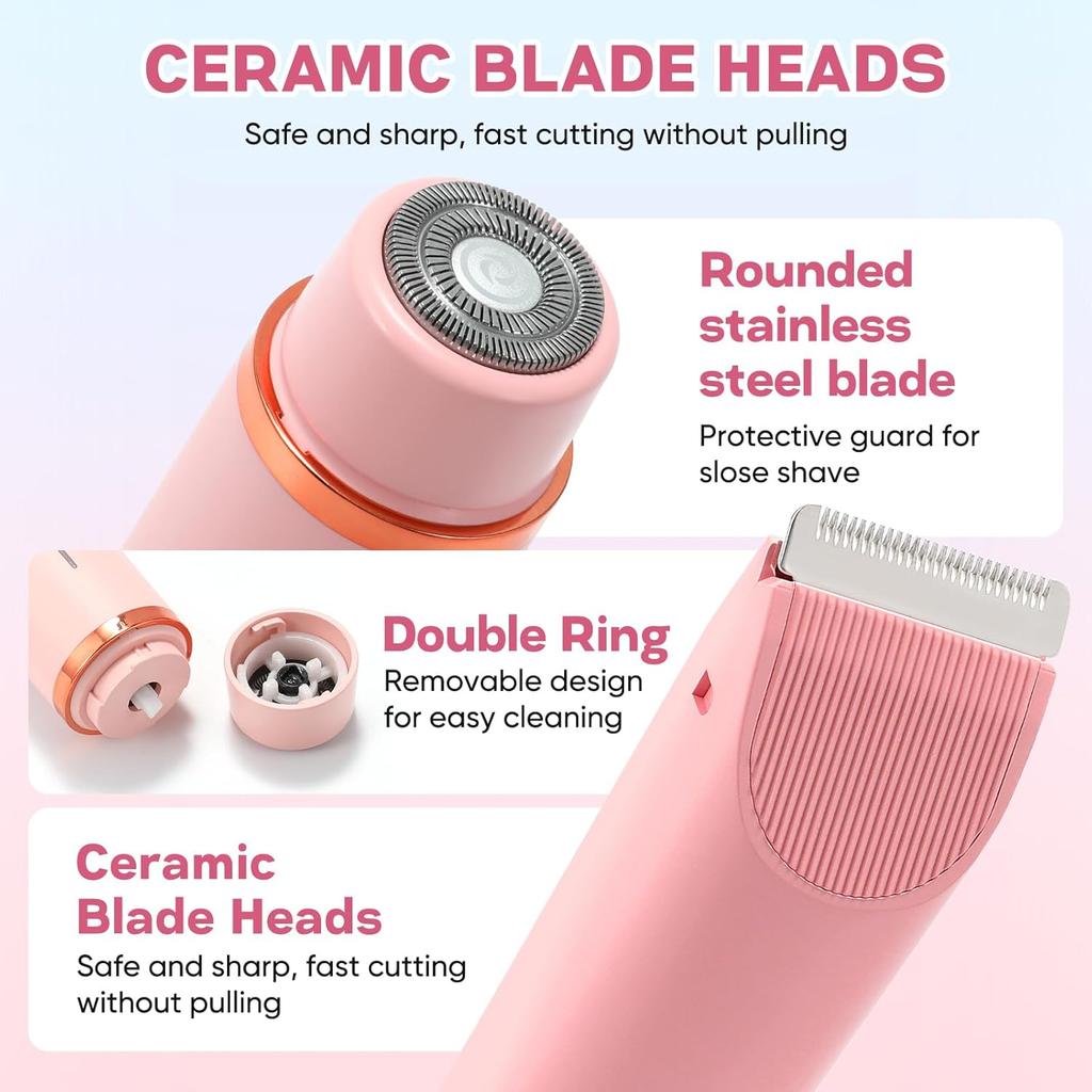 2 in 1 Bikini Trimmer for Women, Dual Head Electric Razor, IPX7 Waterproof Wet/Dry Use Women Electric Shaver, Painless Body Facial Hair Remover for
