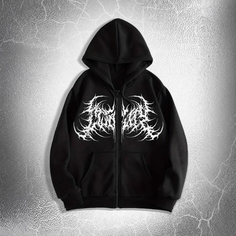 Unisex Gothic Y2K Skull Butterfly Print Hooded Zip-Up Sweatshirt Loose Fit Streetwear Fall