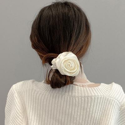 Women Hair Ring 3D Rose Flower Decor Smooth Satin Elastic Band Hair Tie Scalp-friendly Hair Band Hair Accessory