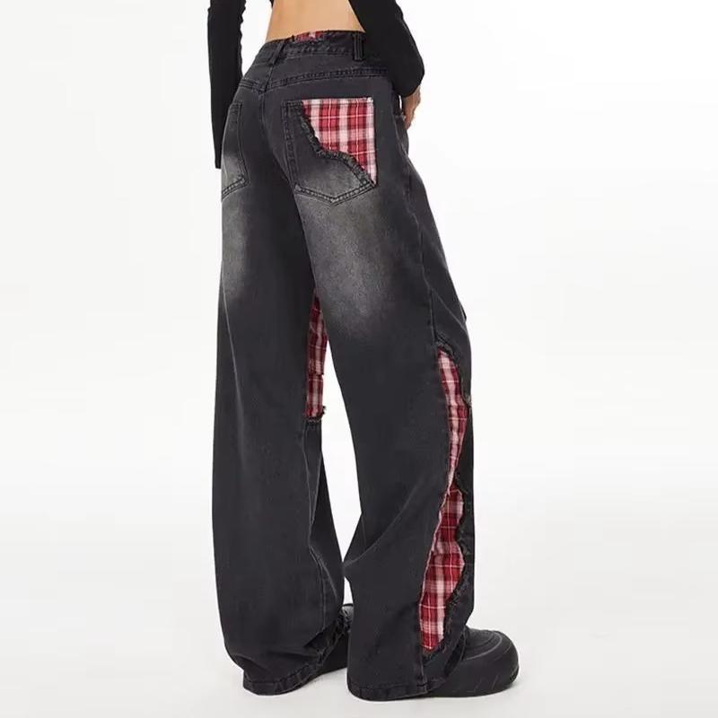 Women Retro Bow Tie Tied Jeans with Grid Splicing Harajuku Y2K Loose Casual Slimming Wide Leg Pants Jeans Woman