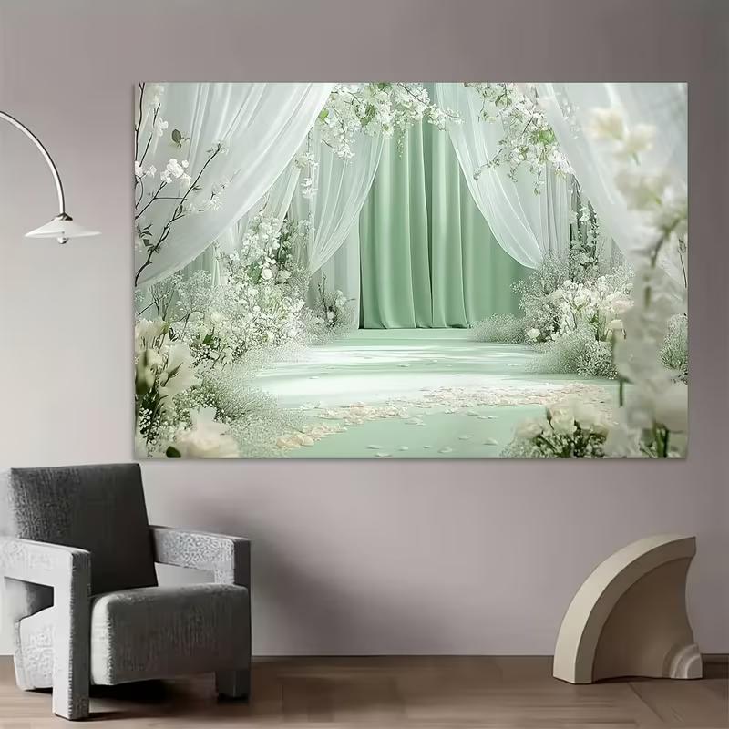2D Sage Green Curtain Backdrop White Flower Wedding Photography Background