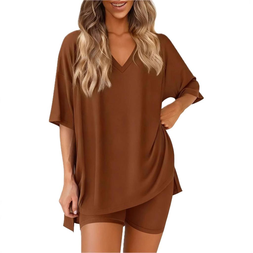 2026 Summer Chic European & American V-Neck Solid Color Loose Pajama Set