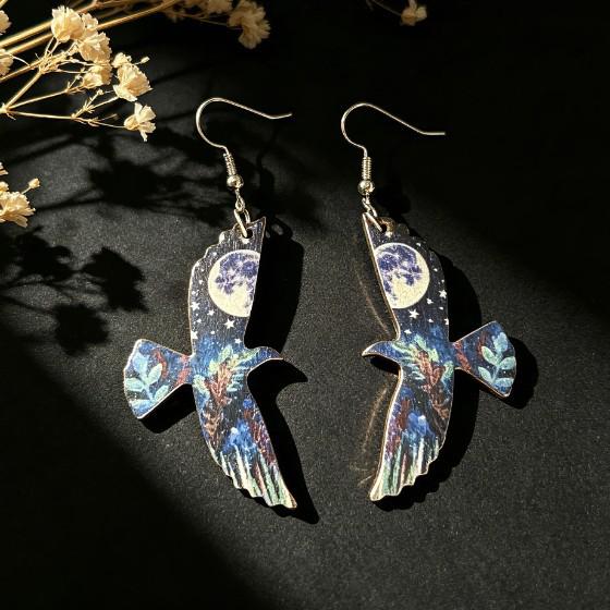 New Eagle Print Night View Wooden Earrings – Stylish and Versatile Fashion Accessories
