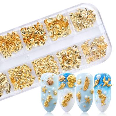 Gold Nail Art Legierung Nieten Meer 3D Dekorationen Muschel Stern Federn Charm Metallrahmen Nieten Nagel Pailletten