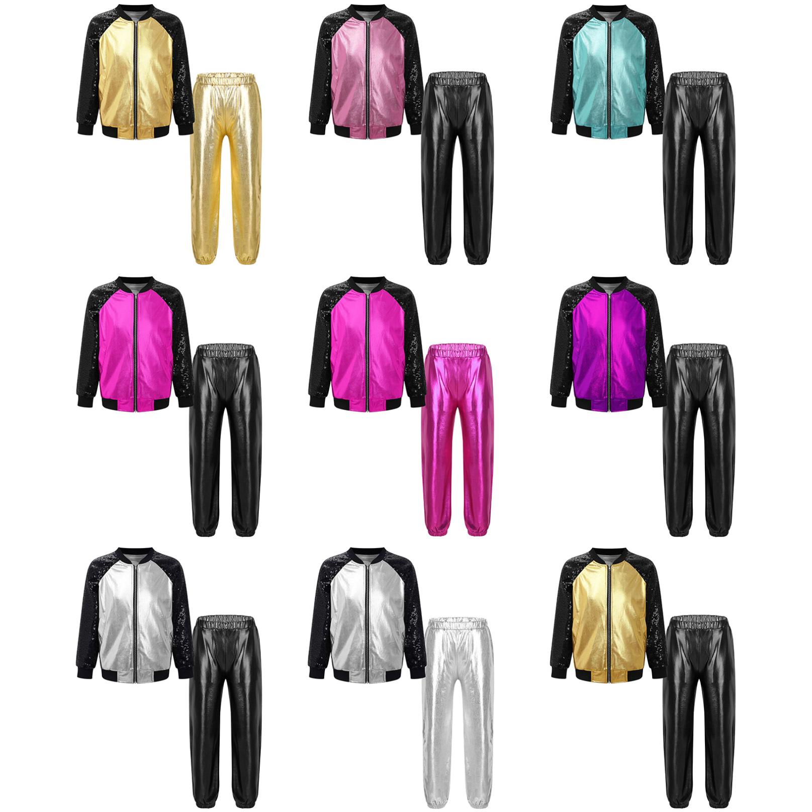 

Діти, дівчата, хлопчики, хіп-хоп, джаз, танцювальний костюм, куртка на блискавці та штани, комплект одягу для вуличних танців 5-6 Years золотий