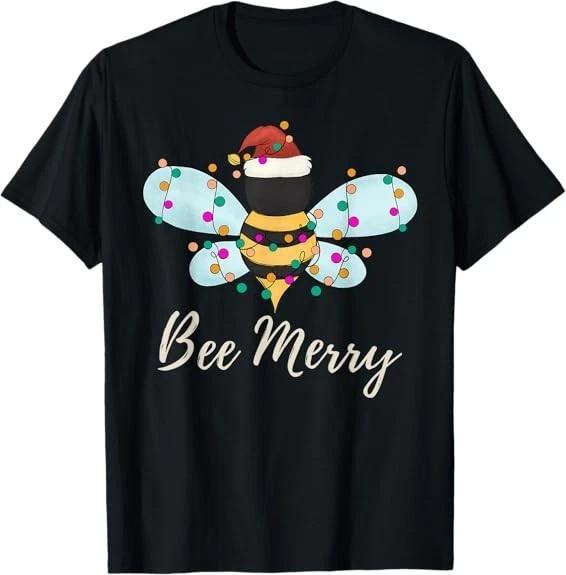 Men s and Women s T-shirts Bee Merry Christmas Bee Wears Santa Hat Xmas lights Best Tee T-Shirt S-3XL XS