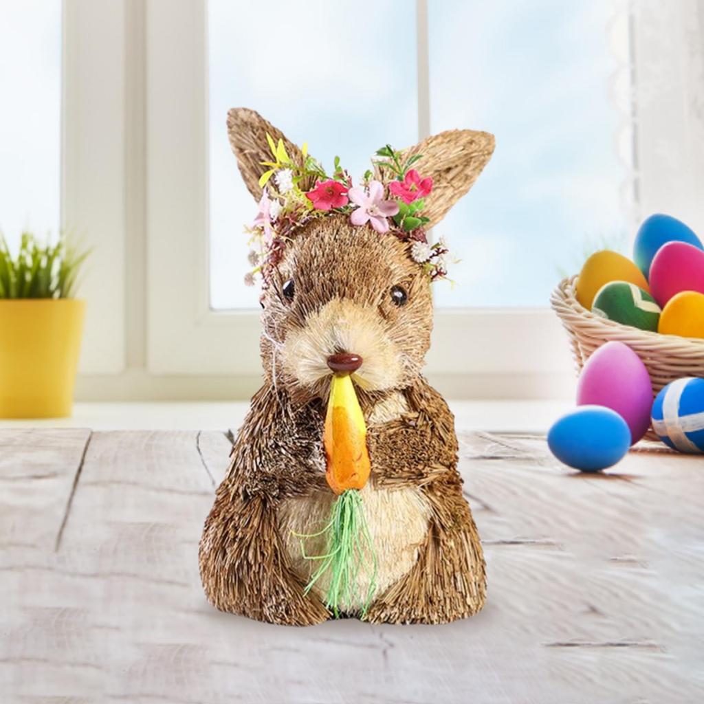 Straw Easter Rabbit Bunny Sculpture Crafts Standing Animal for Desktop Indoor Outdoor Garden Home Holiday Decoration