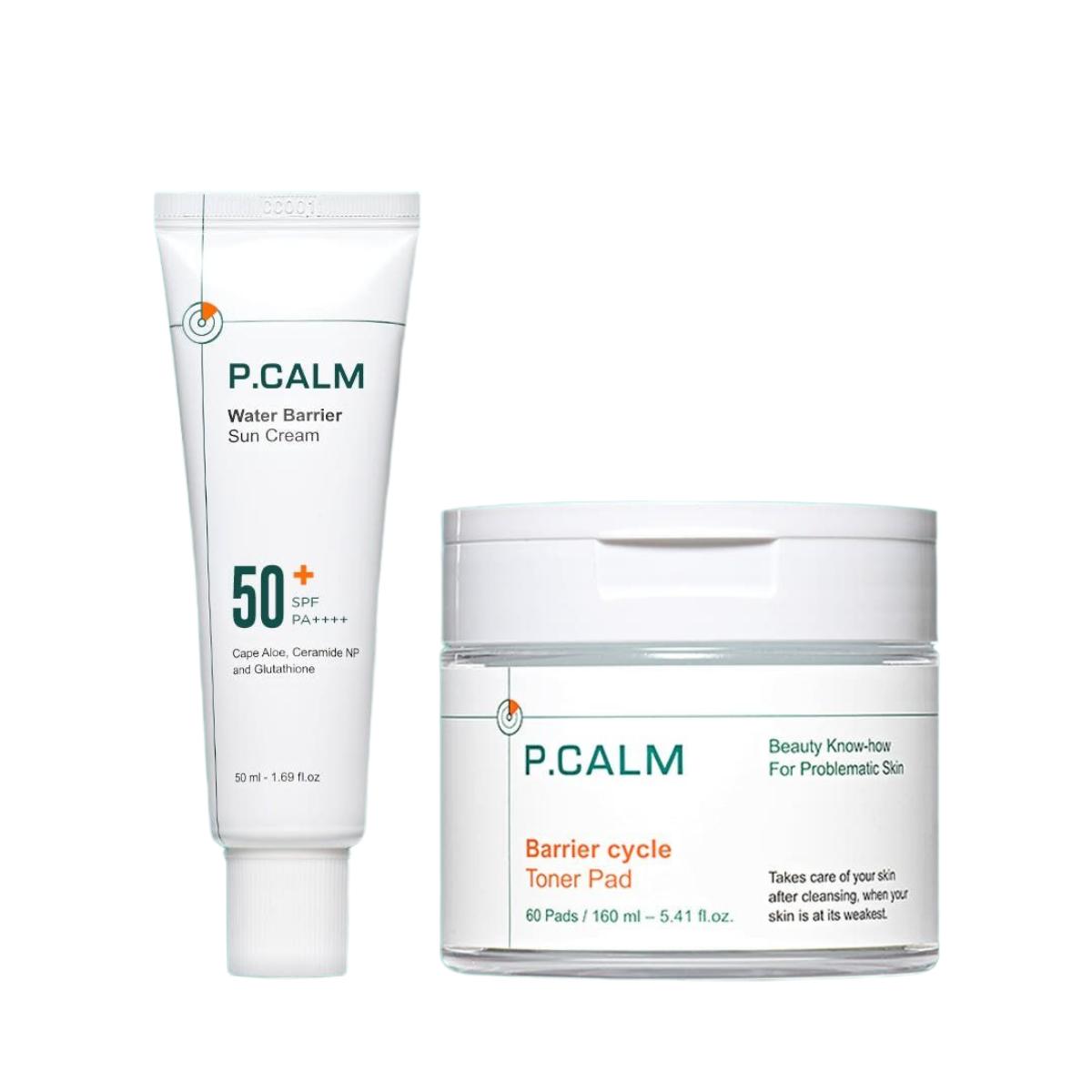 

P.CALM Barrier Cycle Toner Pad 60 Sheets + Water Barrier Sunscreen 50ml Set, Pore Refining & Hydrating Sun Protection Duo, Korean Skincare