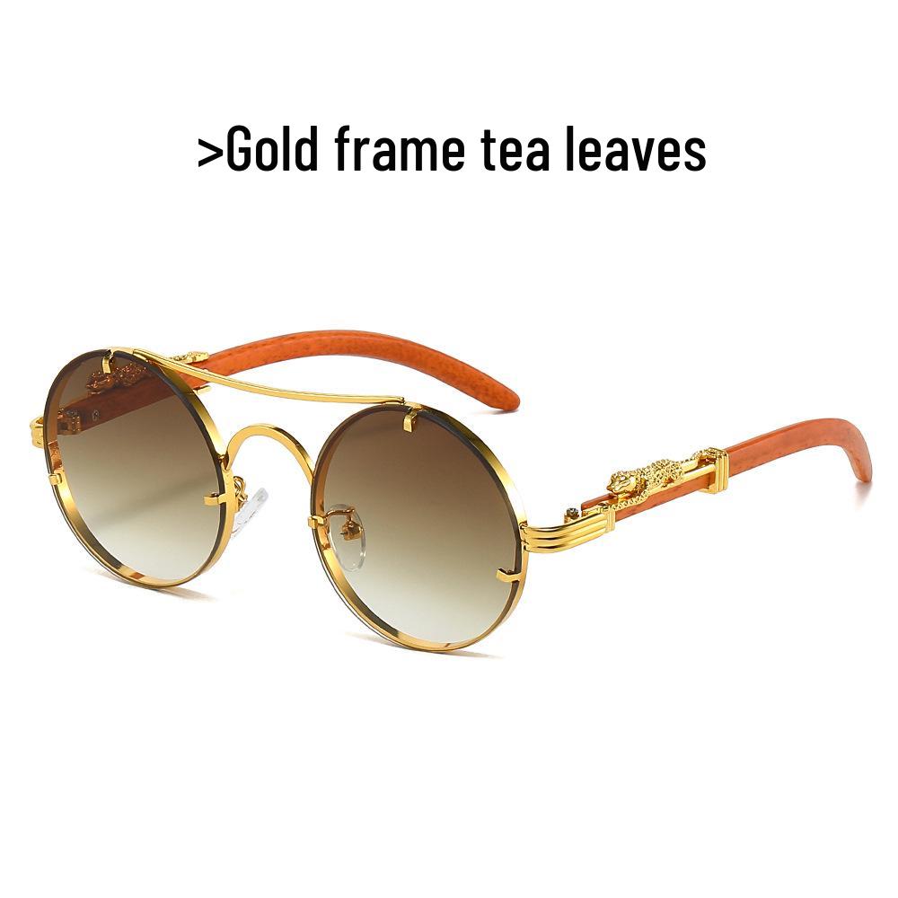 Cross-Border Retro Double-Bridge Leopard Head Men's Metal Round Sunglasses