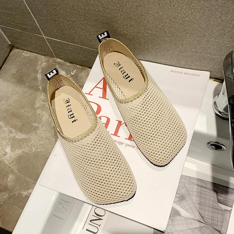 Fashion 2025 Summer Women Flats Hollow Design Breathable Mesh Casual Shoes Solid Color Square Toe Large Size Zapatos De Mujer Flats