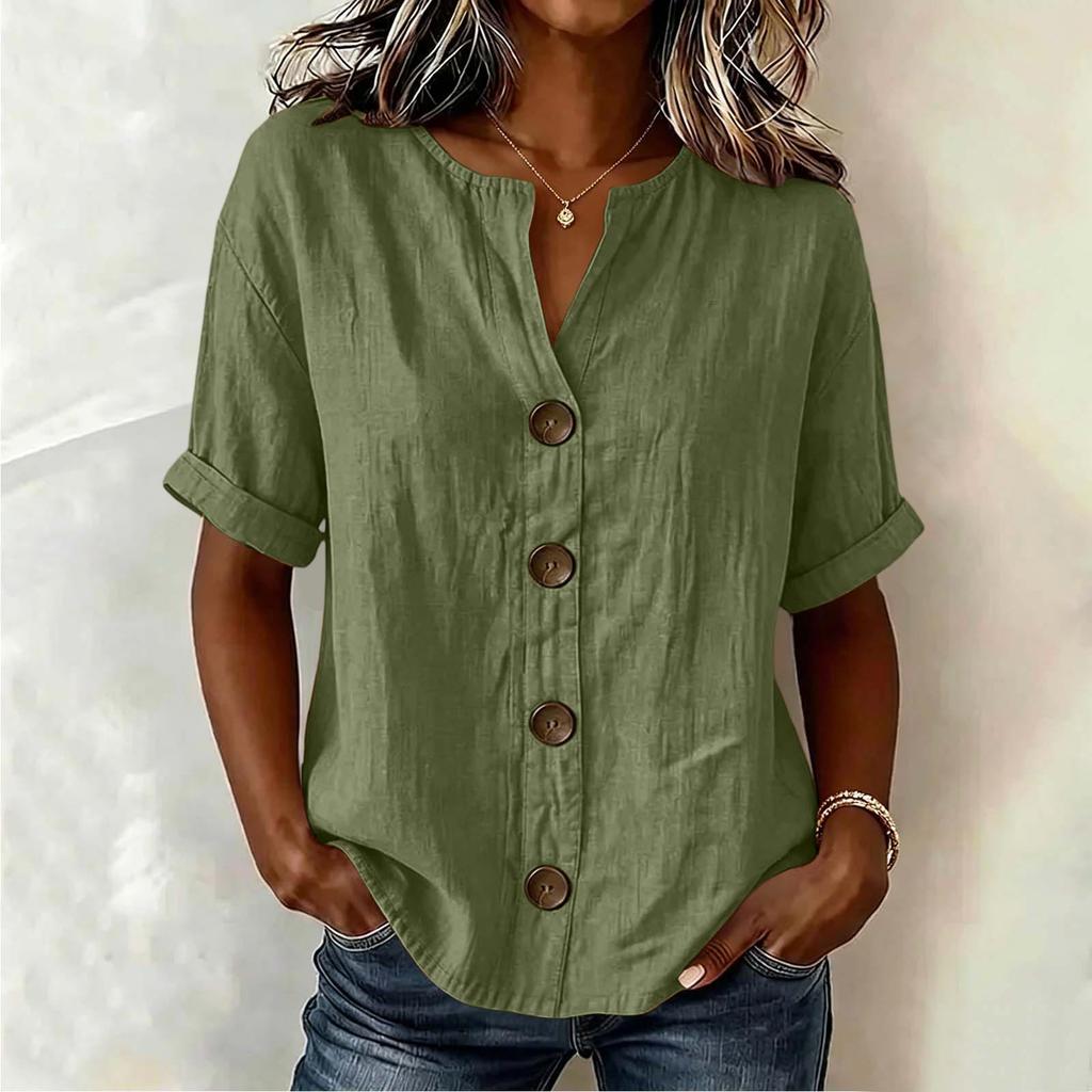 Women'S Elegant V Neck Short Sleeve Button Down Cotton Linen Blouse, Solid Color Summer Office Casual Top