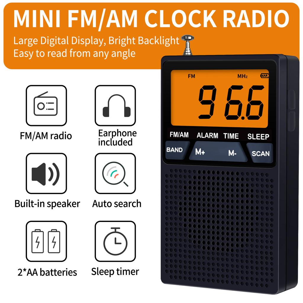 Mini Tragbares FM AM Radio LCD-Anzeige Radioempfänger Eingebauter Lautsprecher Wecker mit 3,5mm Kopfhörerunterstützung Sleep-Timer
