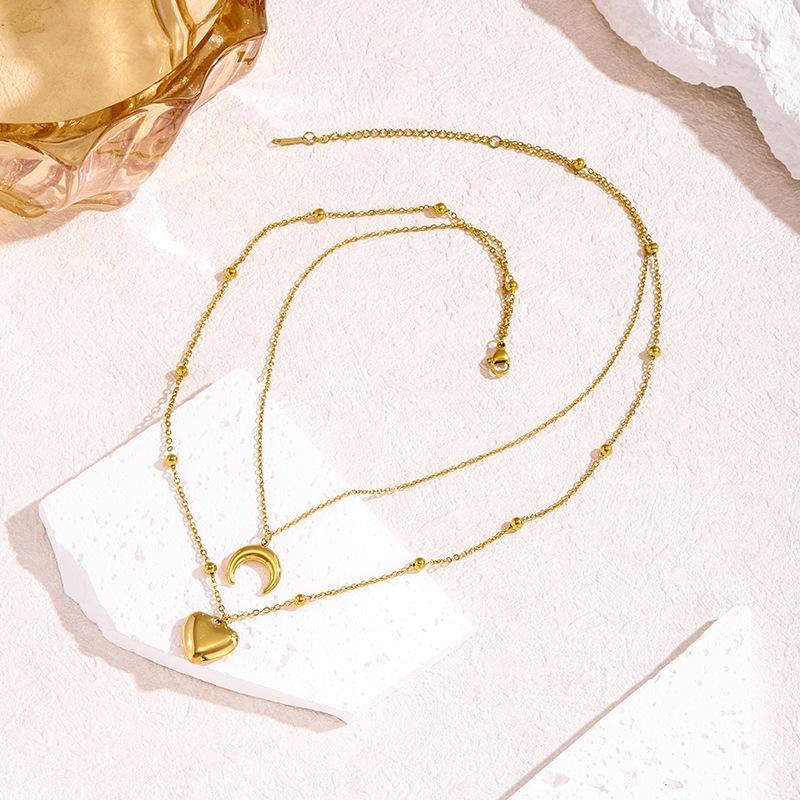 Moon Heart Stainless Steel Double Layer Necklace - Elegant Retro Design for Women