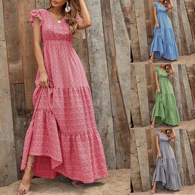 Femmes vacances Spandex plage longue robe superposée volants faciles col en v Floral été bohème élégant taille élastique robe à manches courtes