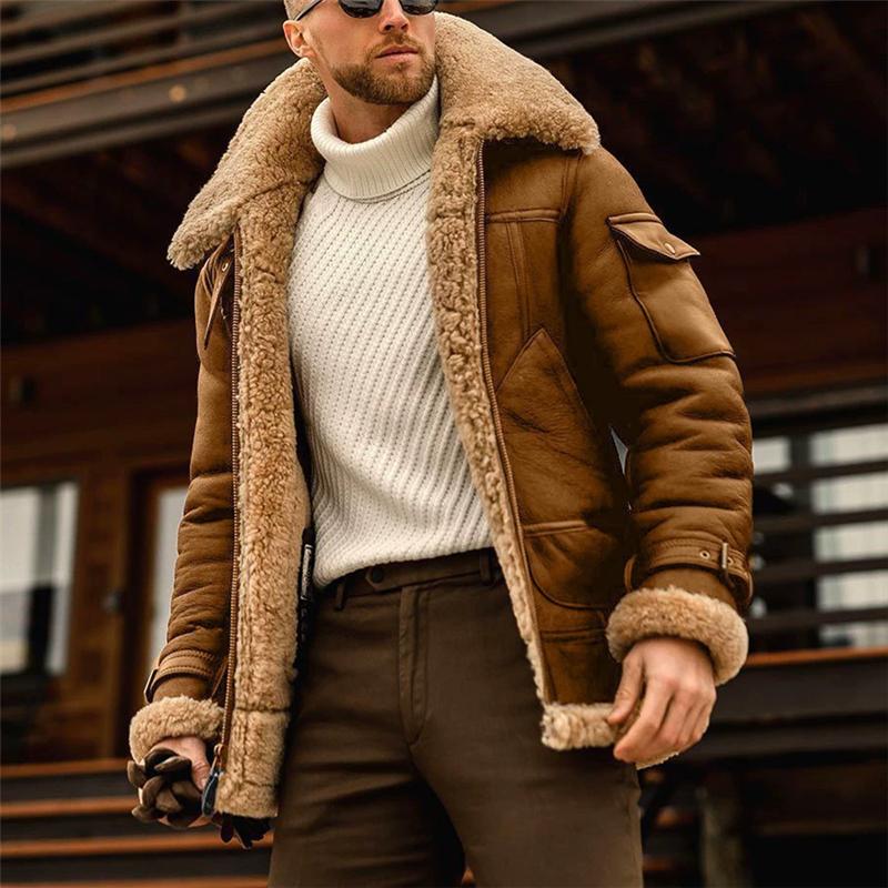 Winter Faux Leather Jackets Men Fleece Turn Down Collar Motorcycle Coat Solid Cargo Warm Thick Windproof Zipper Casual Outwear