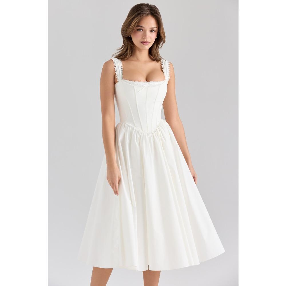 Women's Square Neck Sleeveless Midi Dress Flared Fit Adjustable Waist Pure White Corset Spaghetti Strap Back Tie Casual Party Dress