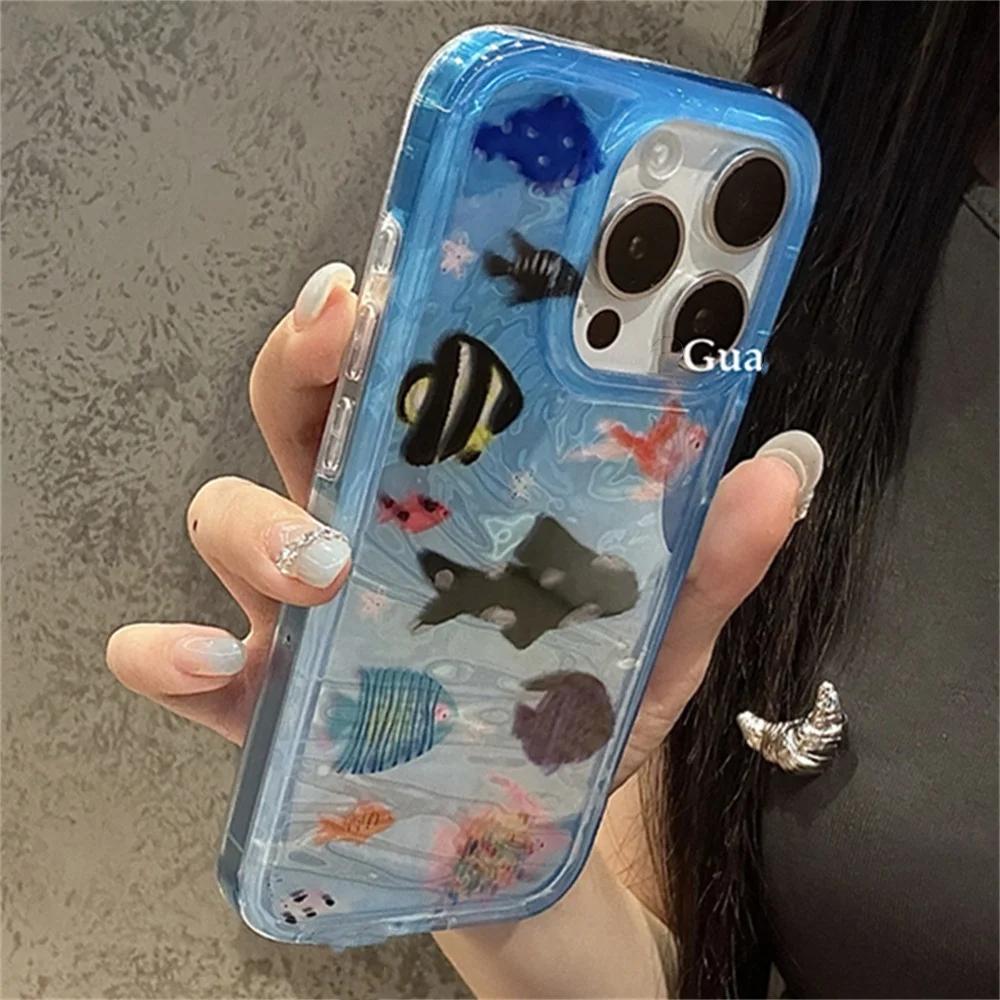 Cartoon Aquarium Oan Fisch Tier Handyhülle Für iPhone 16 15 13 14 12 Pro Max 11 INS Sommer Wasser Lieblich Weicher Stoßfänger