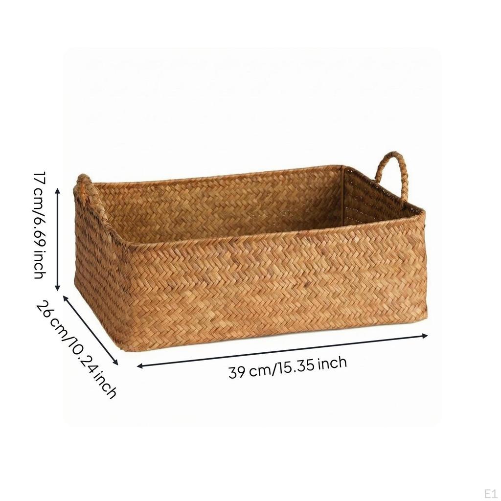 Handwoven Basket Braided Rectangular Storage Woven Bin for Shelf, Tabletop, Cabinet L