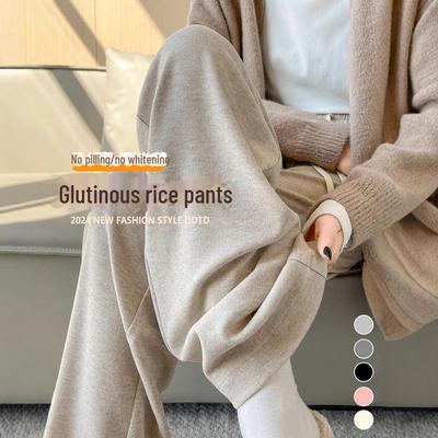 Women's Beige Wide-Leg Glutinous Rice Pants with Velvet Lining - Autumn/Winter Small Celebrity Style, Warm, Thick, and Drape.