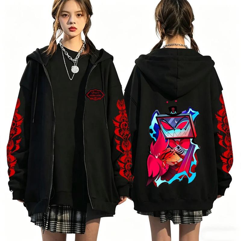 Felpa con zip Hazbin Hotel Stampa Retro Autunno Inverno Streetwear Moda Casual Harajuku Cappotto Pile Manica Lunga Felpe con Zip