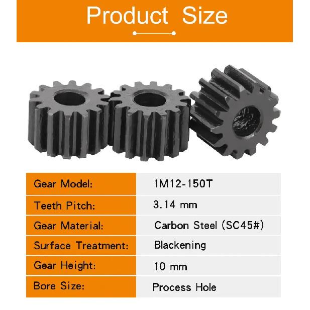 Blackening Motor Gear 1M-105T/110T/115T/120T/125T/130T/140T/150T Teeth Pitch 3.14 mm Total Height 10 mm Carbon Steel Flat Gear