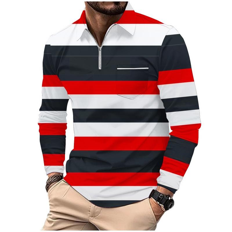 Men's Printed Polo Shirt with Zipper Pocket Sports Long Sleeved Polo Shirt