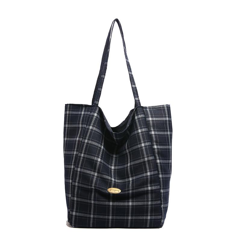 Stylish Korean Literary Inspired Plaid Double-sided Shoulder Tote Bag For School Use