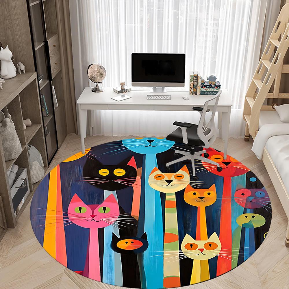 1pc Colorful Cats Office Round Area Rug, Indoor Mat Suitable For Office, Under Office Chairs Bedroom Living Room Home Decor, Room Deco