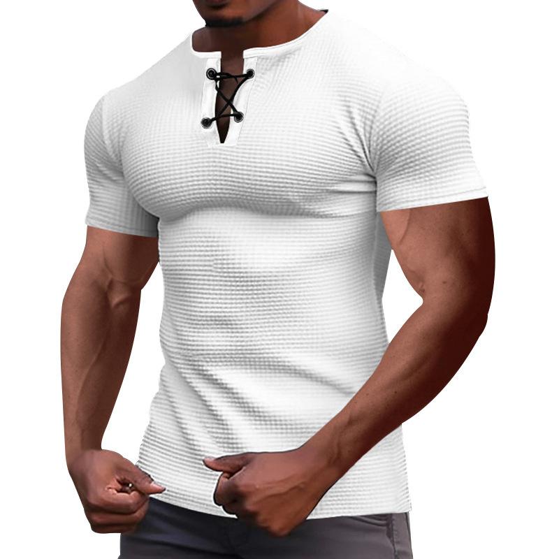 Men Waffle Knit Lace Up Henley Shirt Short Sleeve Casual Slim Fit Top S