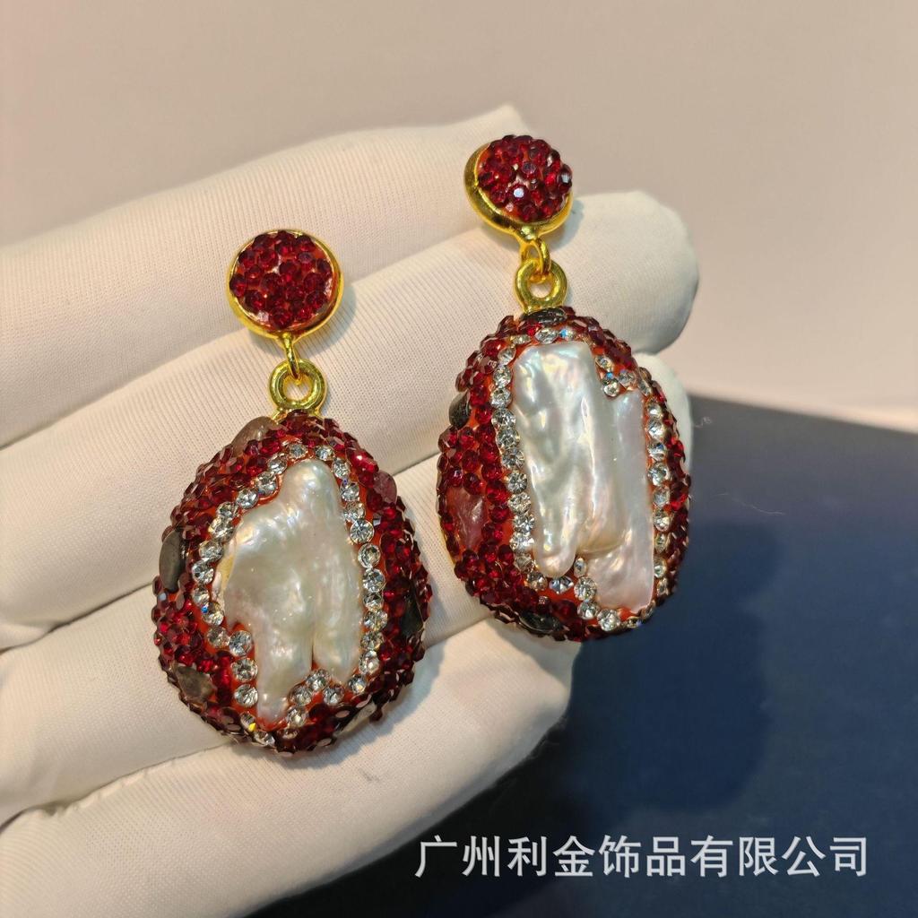 Special-shaped Baroque pearl tourmaline earrings set with red Czech diamonds women's earrings French design