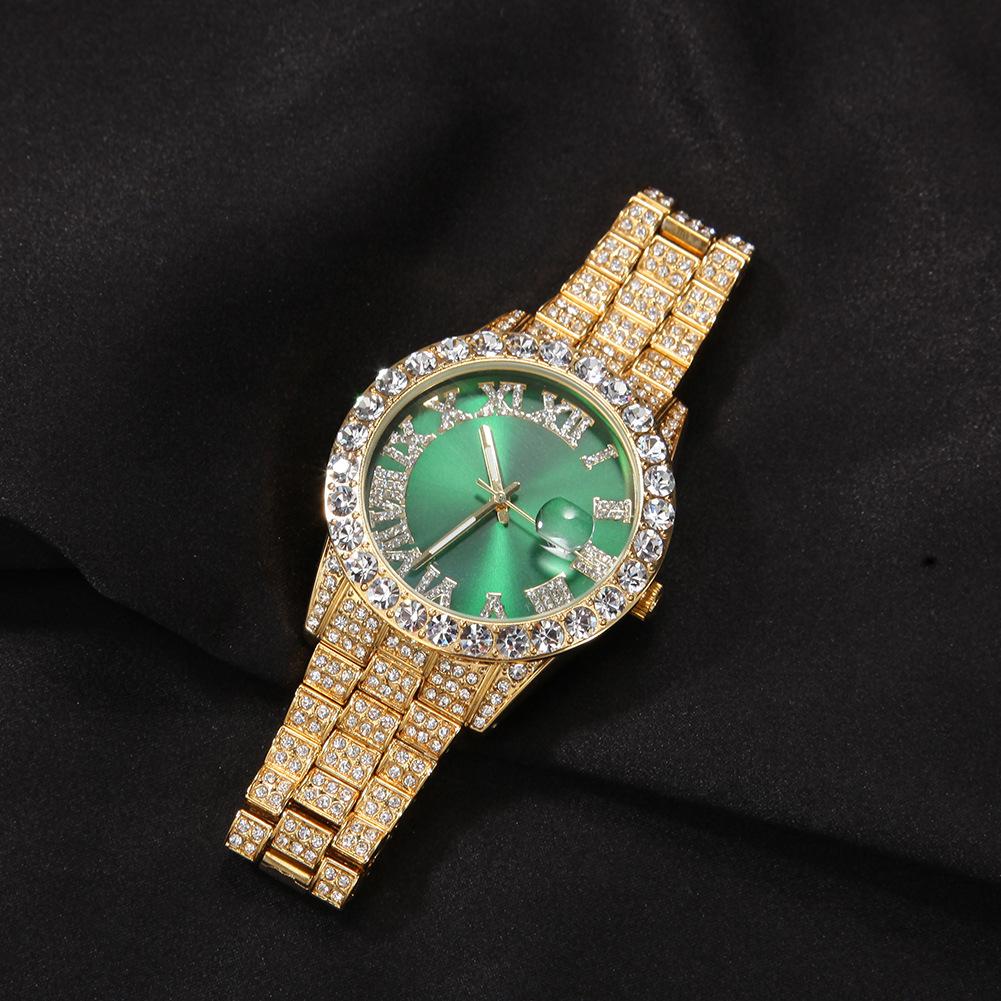 Roman Numerals Diamond-encrusted Men's Watch Trendy Brand Green-faced Large Dial Quartz Watch, One Piece Is Sent On Behalf of Others.