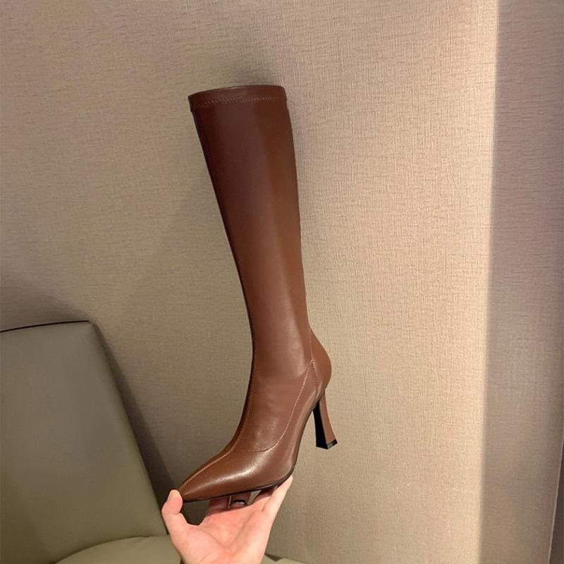 White High Heel Boots Women's 2025 Pointed Skinny Boots Elastic Skinny Boots Skinny Heel Knight Boots