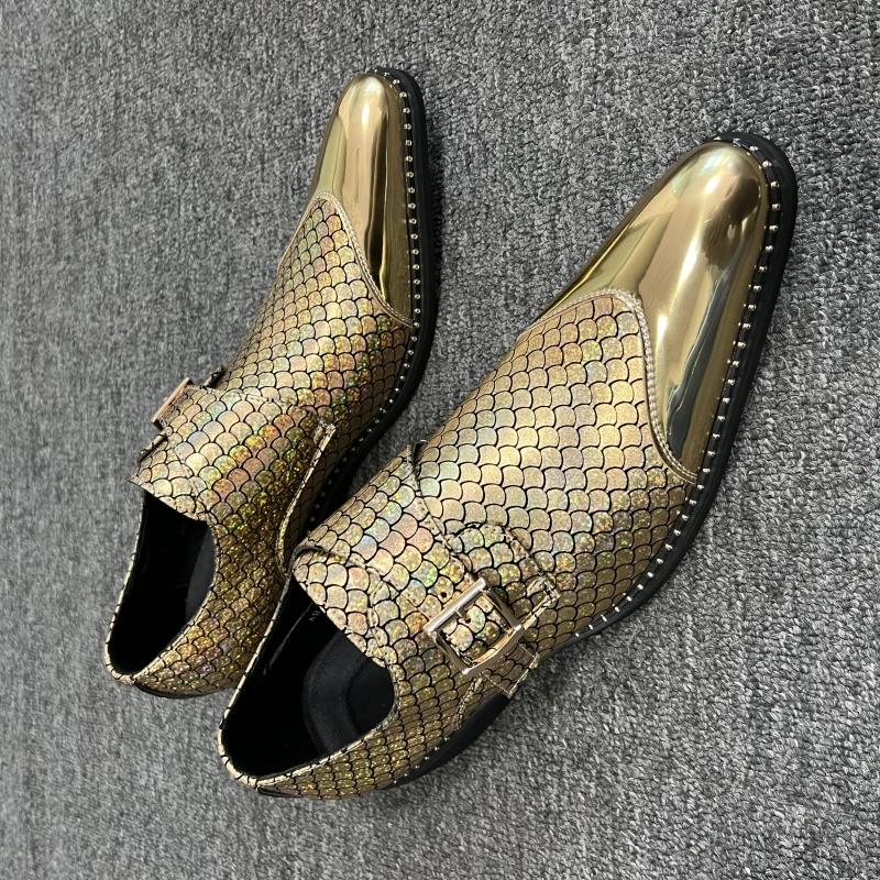 Gold Shoes for Men Wedding Loafers Pointed Toe Buckle Strap Silver Shoes for Men with  Size 38-44