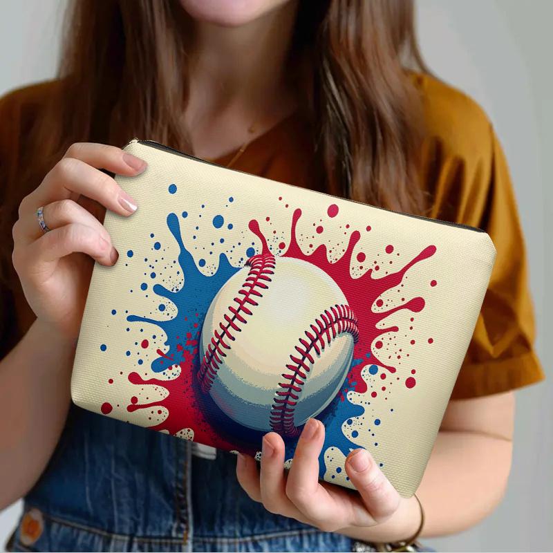 A Baseball-shaped Makeup Bag With Red And Blue Paint Dot Pattern- Multifunctional Zipper Pouch, Jewelry Storage Bag