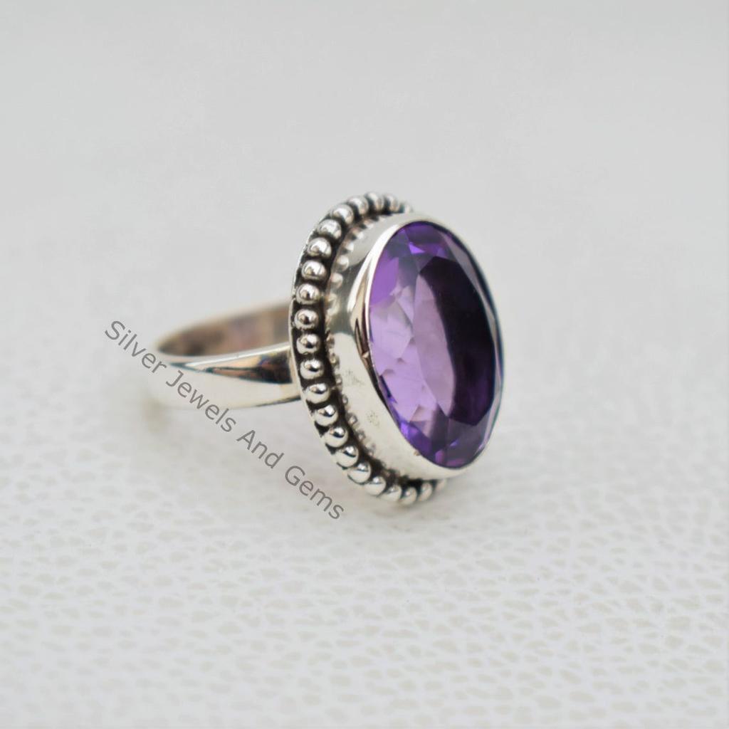 Ovaler Amethystring, Natursteinring, 925er Sterlingsilberring, Ehering, Designring, Februar-Geburtsstein, Boho-Ring, Handgefertigter Ring