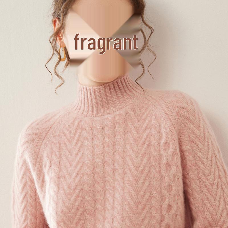 Women's Cashmere Jacquard Sweater: Thick, Heavyweight Three-Strand Knit, Half-High Collar, Loose Fit, Long Sleeve Pullover for Autumn/Winter.