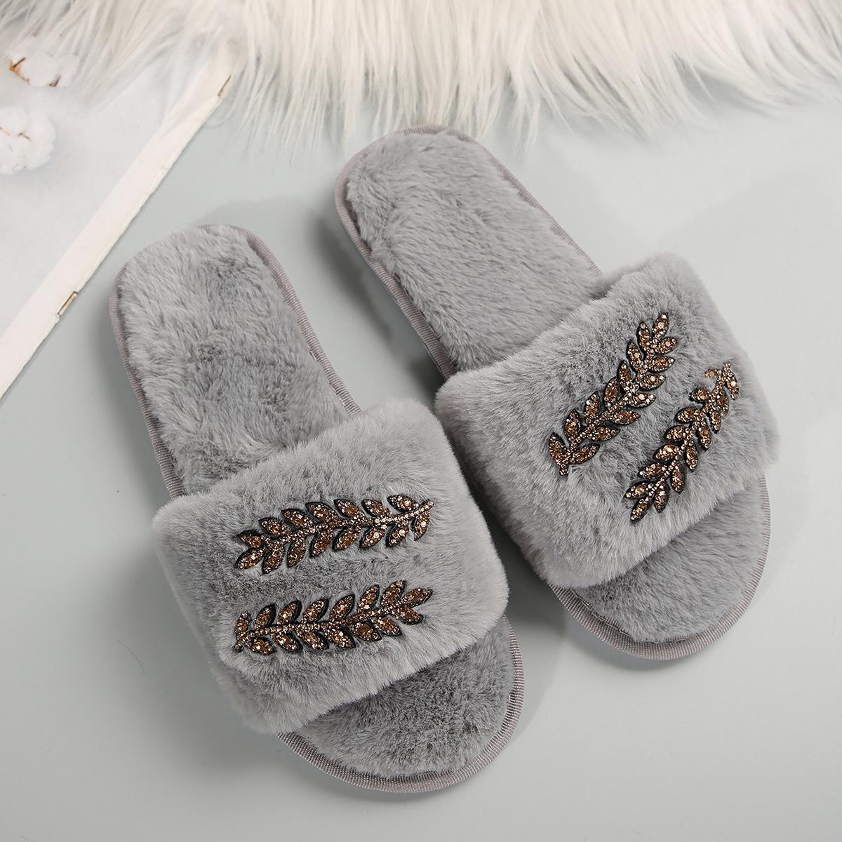 

Осенне-зимние меховые тапочки с листом из страз для женщин - Большой размер 43, Повседневный домашний комфорт на толстой подошве 38-39 серый