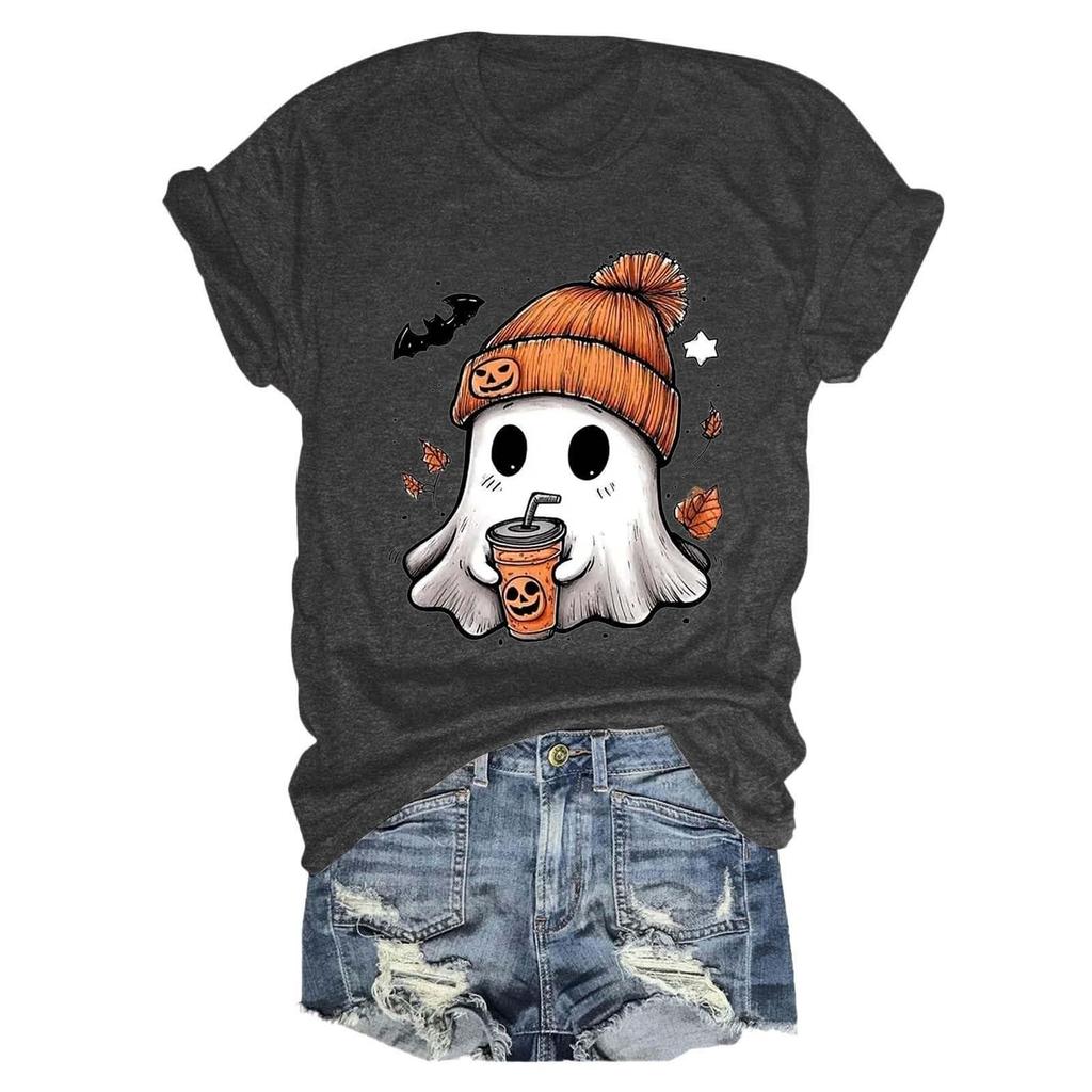 Women's fashionable casual short-sleeved Halloween printed round-neck top