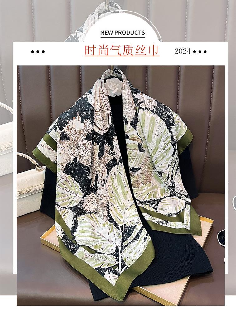 French Style Printed 90cm Square Scarf For Office Commute Neck Wear