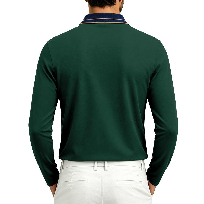 Men Striped Contrast Collar Long Sleeve Polo Shirt, 3 Button Placket Textured Lightweight Business Casual Golf Collared Top Multiple Colors