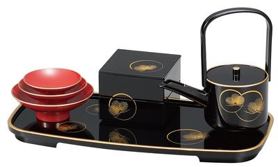 Maeju Lacquerware Tosoki Halo Pine Black Choshi Mini Ojubako Toso Stand Traditional Craft Yamanaka Nuri Made In Japan (Sake Set) 7L-013